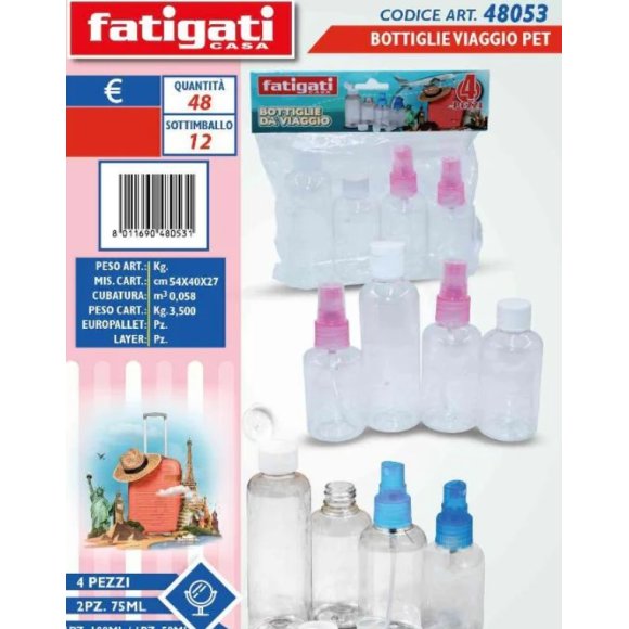SET 4 BOTTIGLIE DA VIAGGIO RIUTILIZZABILI, COMPATTE E ANTI-PERDITA PER LIQUIDI E COSMETICI