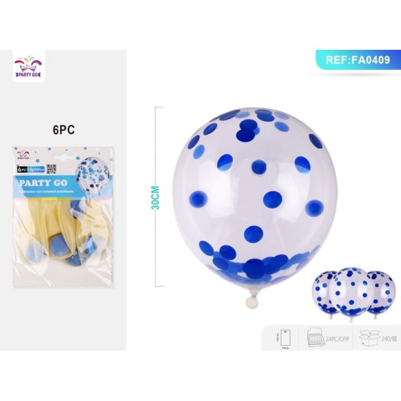 PALLONCINI TRASPARENTI DECORATI BLU - 6 PEZZI