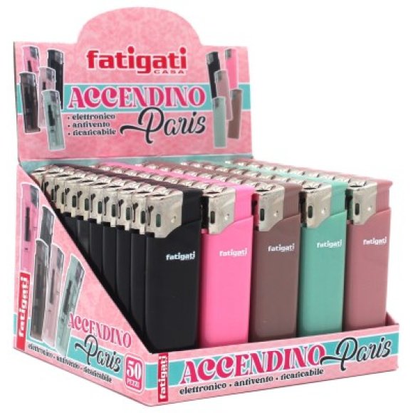 FATIGATI ACCENDINO ELETTRICO ANTIVENTO - COLORI ASSORTITI FATIGATI ACCENDINO ELETTRICO ANTIVENTO - COLORI ASSORTITI