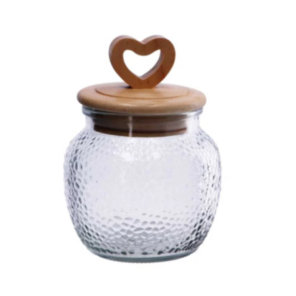BARATTOLO IN VETRO CON COPERCHO ERMETICO IN LEGNO A FORMA DI CUORE - 11X15 CM 