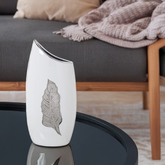CAMACHO VASO CERAMICA FOGLI 12x18x36 CM- ARGENTO/BIANCO 